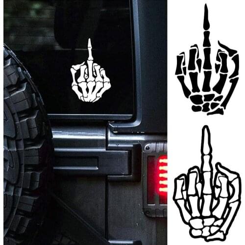 Reflective Finger Skull Car Sticker 15 X 9.5cm Car Styling Skeleton Middle Finger Sticker Skull Bone Bone Off Car Vinyl Decal