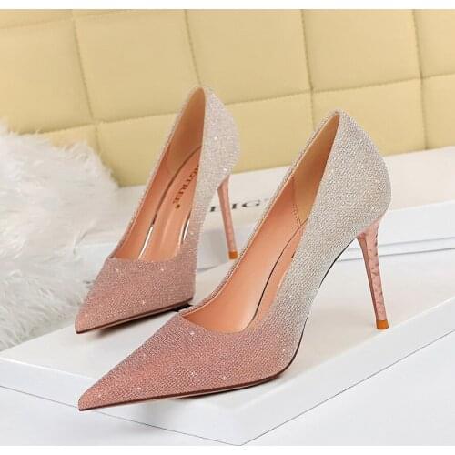 Bling Sexy Nightclub Women Pumps Spring Metal Thin Heels Pink Sliver Sequins Pointed Toe Dress Female Boat Shoes Fashion 9.5cm
