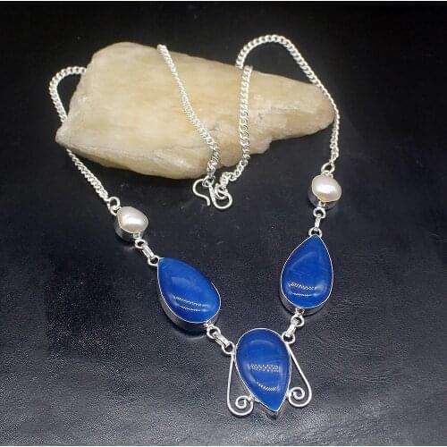 Gemstonefactory Jewelry Big Promotion 925 Silver Blue Jade White Pearl Ladies Women Chain Necklace 44cm 20213554