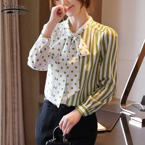 2021 Autumn Light Green Long Sleeve Womens Shirts Lace-up Chiffon Blouse Striped Bow-collar Office Lady Womans Blouses 10891