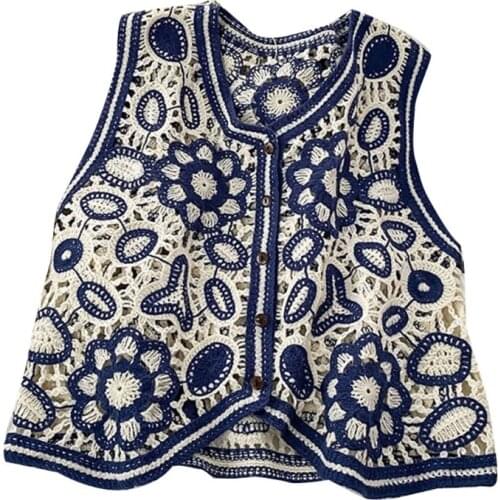 Women Retro Hollow Out Crochet Crop Top Vest Embroidery Floral Sleeveless Jacket Cardigan Button Boho Hippie Waistcoat