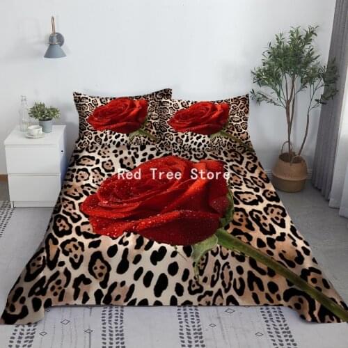Red Rose Leopard 3d Print Flat Sheet Luxury Design Single Double Bed Linen 2/3pcs with Pillowcase for Couple Lover Wedding Use