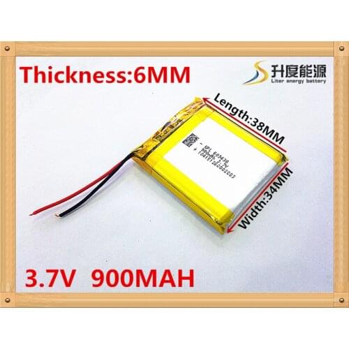 3.7V,900mAH,[603438] Polymer lithium ion / Li-ion battery for voice recorder pen,smartband,smart watch;,mp3