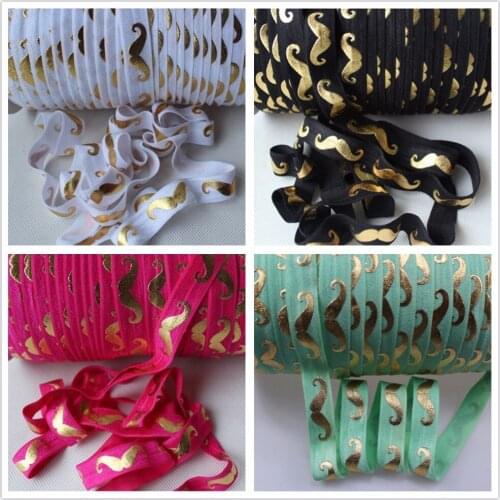 5 colors Gold foil mustache pritned foe elastic for girls 5/8" Fold over elastic ribbon for hair accessories,50 yards/lot