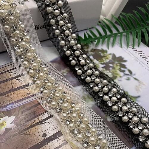 80cm Rhinestones Crystal Dress Applique Pearl Beaded 3D Lace Trim DIY Sewing Clothing Wedding Dress Mesh Fabric Accessories
