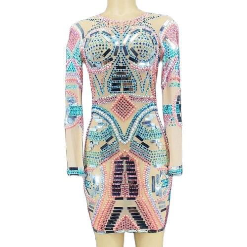 Sparkling Sequins Rhinestones Pearl Decoration Gauze Mesh Dress Bar Dance Clothing Club Costume For Women Party Evening Costume