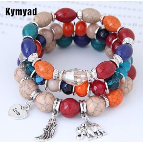 Kymyad Bohemia Crystal Stone Bracelets for Women Elephant Charming Bracelet Elastic Beads Bracelets Multilayer Bracelet Sets