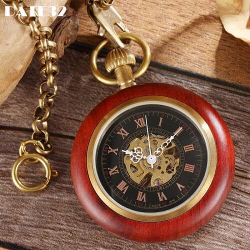 Wooden Mechanical Pocket Watch for Men Roman Numerals Red Sandalwood Wood Case Gold Back Engraved Fob Chain Clock Dropshipping