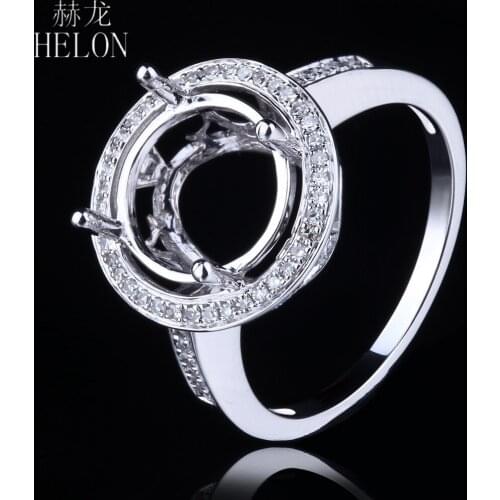 HELON Solid 14K White Gold Real Natural Diamonds Trendy Fine Jewelry Semi Mount Engagement Wedding Ring Fit 9-11mm Round Cut