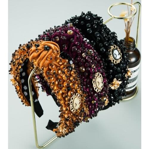 Ins European American Rhinestones Headband New Baroque Gold Velvet Sewing Crystal Alloy Flower Wide Side Knotted Hairband Women