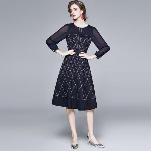 JSXDHK S-3XL Plus Size Women Embroidery Midi Dress Luxury Spring Autumn Mesh Patchwork Beading O Neck Dress Vestidos New Arrival