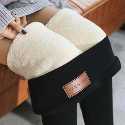 2020 Black super warm pants winter skinny thick velvet casual wool fleece Trousers Lambskin Cashmere Pants For Women leggings
