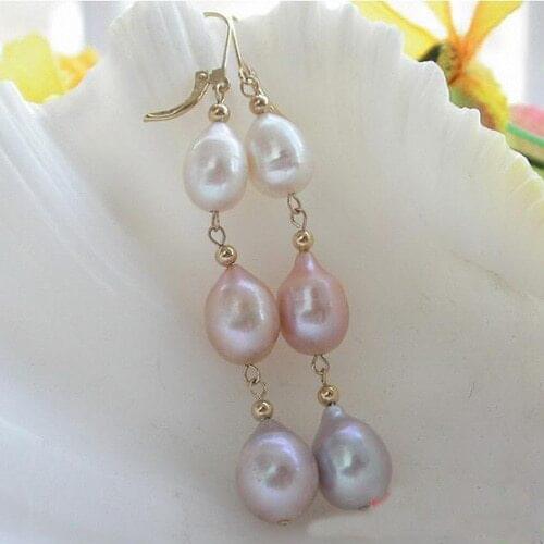 New Arrival Favorite Pearl Jewelry Huge 3Line 15mm Drip Freshwater Pearl 14k/20 Gold Dangle Earrings Charming Lady Gift