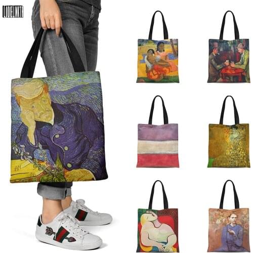 New Style World Valuable Painting Canvas Tote Bag Picasso Van Gogh Retro Art Large Capacity Eco-friendly Shopper Bag With Zipper