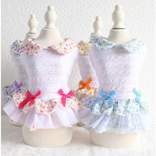 Flower Print Princess Bow Dresses Purple Blue Cat Clothing Pet Clothes for Dogs Cat Yorkie Maltese Chihuahua Spring Summer