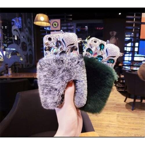 Luxury Bling Diamond Soft Fur Case Fox Head Phone Case For iPhone 11 12 pro mini 7 8 plus Phone Cover For iPhone Xs Max XR Capa
