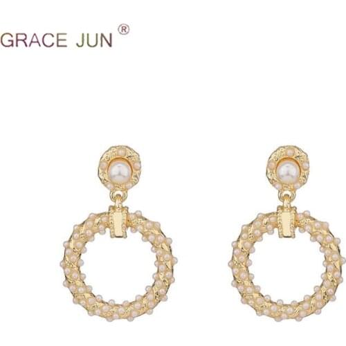 GRACE JUN Korea Style Double Round Circle Simulated Pearl Clip on Earrings and Stud Pierced Earrings for Women Best Jewelry Gift