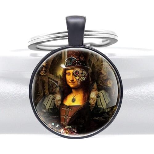 Steampunk Mona Lisa Smile Black Color Glass Dome Punk Style Keychains Men Women Keyring Jewelry Gifts