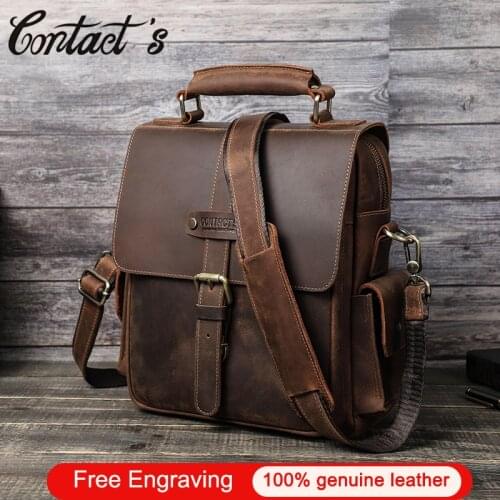 Contacts Free Engraving Male Shoulder Bag Cowhide Leather Men Messenger Crossbody Bags 10.5" ipad Handbags Vintage Waist Bag