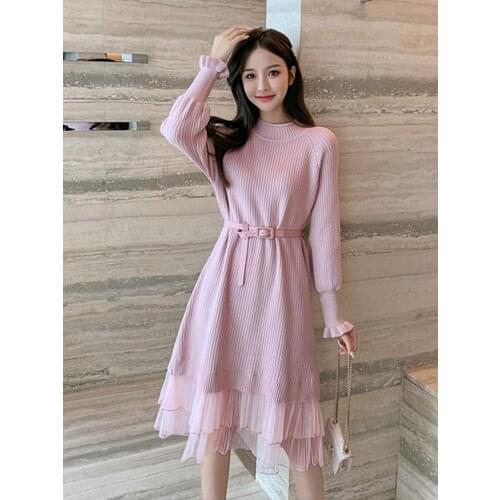 Temperament Dress Womens Autumn Winter New Sweet Waist Show Thin Medium Length Knitting Skirt