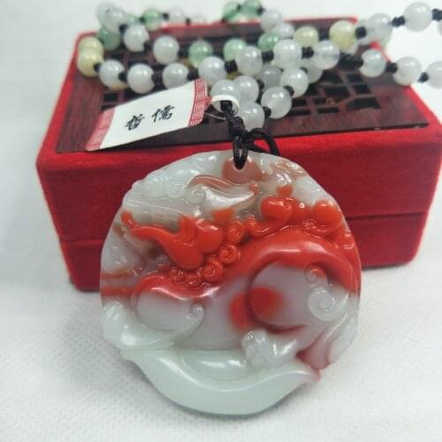 Zheru Jewelry Pure naturalchicken blood jade carved two-color pixou pendant Three-color jadeite jade necklace Send certificate