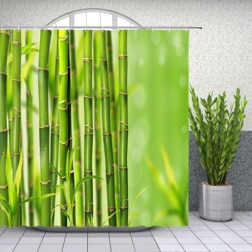 Green Bamboo Shower Curtains Spring Green Leaves Plant Scenery Pattern Bathroom Decor Polyester Hanging Curtain Set With Hooks