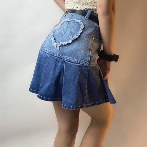 Women Kawaii Pleated Denim Skirt Elegant Harajuku High Waist Color Block Heart Patchwork Mini A-Line Skirt 2021