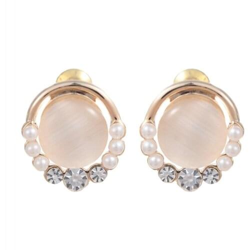Light Yellow Gold Color Round Cat Eye Stone Stud Earrings for Women with Rhinestone Jewelry