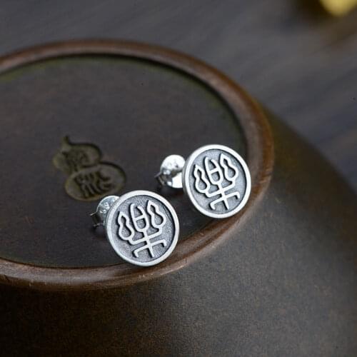 FNJ Round Earrings 925 Silver Original Pure S925 Sterling Silver Stud Earring for Women Jewelry Good Luck Chinese le