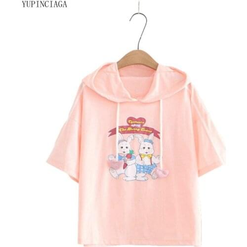 Women’s Cartoon Rabbit Print Harajuku Hoodies Sweatshirts 2020 Summer Short Sleeve Girl Casual Cute Hooded Pullovers