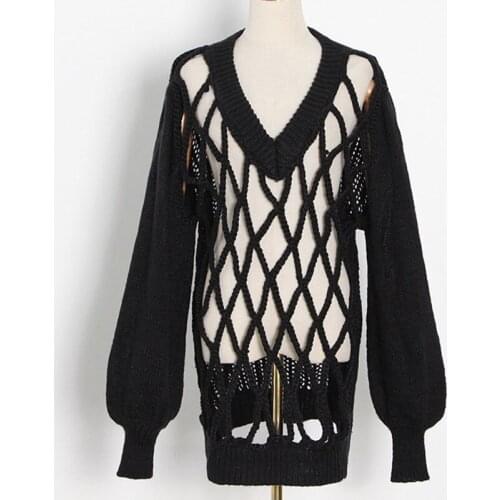 SeeBeautiful Hollow Out Large Size Sweater V-neck Lantern Sleeve Simple New Fashion 2021 Spring Women M643