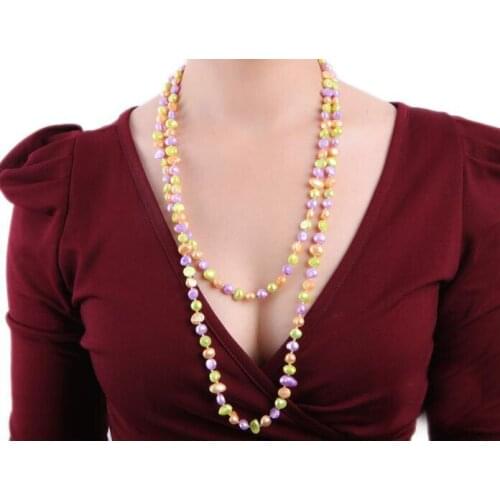 50inch 125cm Women Jewelry 6x7mm orange green purple baroque freshwater pearl necklace AAA natural pearl top quality gift