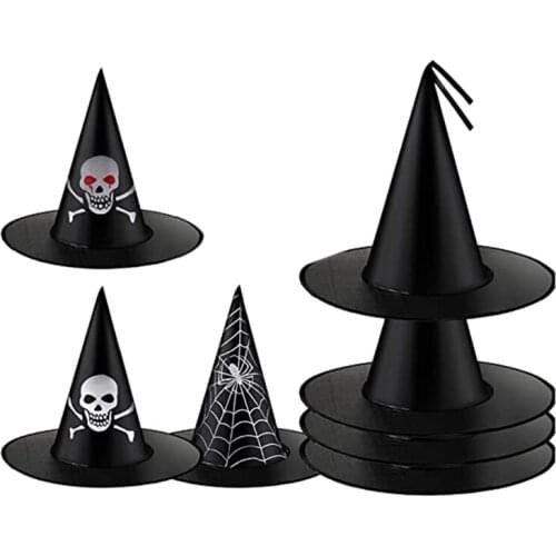 7 Pcs Halloween Props Masquerade Decoration Supplies Printed Pattern Hat Witch Wizard Oxford Cloth Pointed Hat Black