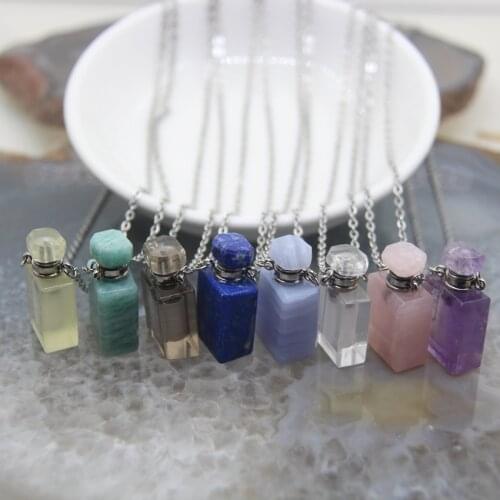 Stainless steel Chains Rectangle Perfume Bottle Natural Gems stone Pendants,Quartz Essential Oil Diffuser Vial Necklace Charms