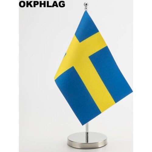 Sweden Office table Flag with Stainless flagpole base country banners desk flag 14*21CM KS-0148