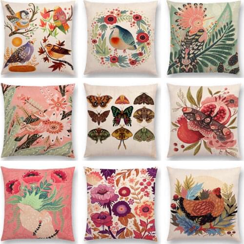 Hot Sale Colorful Bird Flowers Moths Wings Pink Bouquet Spring Chicken Cute Owl Sweet Home Cushion Home Decor Sofa Throw Pillow
