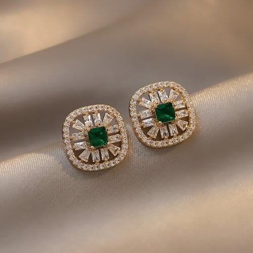 Classic Female Green Zircon Small Earring Classic Gold Color Stud Earrings Cute Party Square Crystal Wedding Earrings For Women