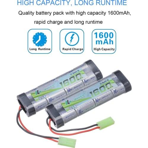2pcs Limskey 8S 2/3A 9.6v 1600mAh NiMH Flat Battery Pack with Mini Tamiya for Airsoft Guns Mini AK series or modified AEGs