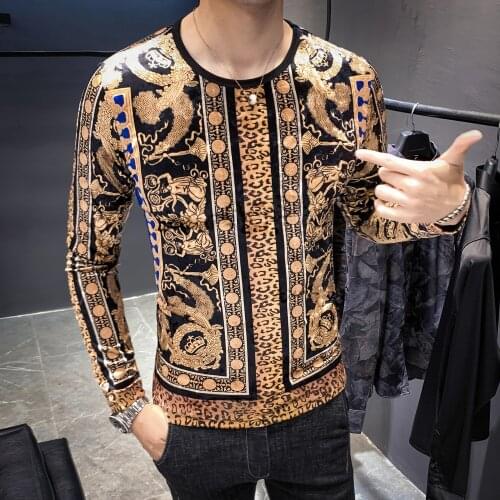 Print Long Sleeves Club Outfits Fashion Designer Camisetas Hombre New Velvet Mens T Shirts Slim Fit