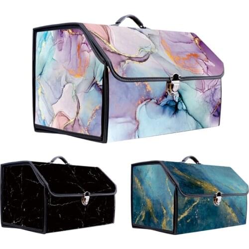 Marbling Pattern Car Storage Box Trunk PU Leather Creative Folding Car Organizer Box Stowing Tidying Auto Interior Accessories