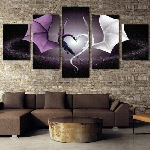Purple and White Dragon Heart 5 Panel Diamond Painting Full Square Round Mosaic Diamond embroidery for Living Room Home Decor