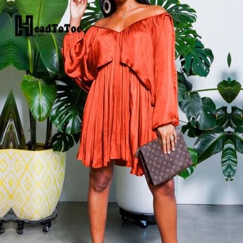 SOLID Ruffles Bright Silk Fashion Casual Dresses for Women Lantern Sleeve Slash Neck Knee Length Loose Dress Women