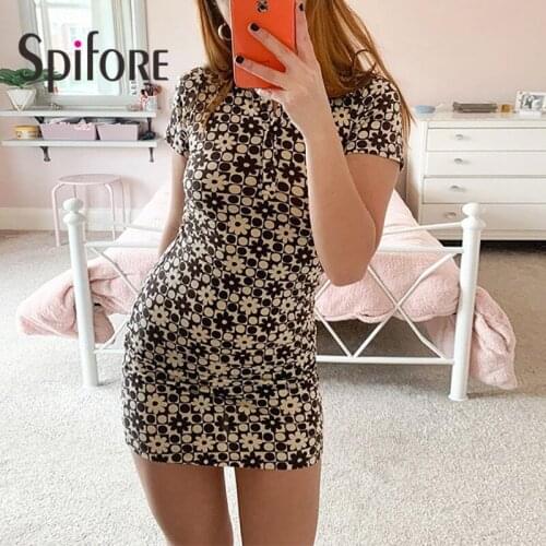 Spifore Mini Bodycon Short Sleeve Summer Dress Women Club Outfits Floral Print Brown Vintage Ladies Dresses 2021 Y2k