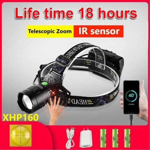 Super Bright XHP160 Fishing Headlamp Rechargeable Powerful LED Head Lamp High Power Headlight 18650 IR Sensor Head Flashlight