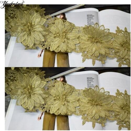 YACKALASI 2 Yds/Lot 3D Flower Embroidery Lace Guipure Floral Applique Wedding Dress Trims Polyester 12CM