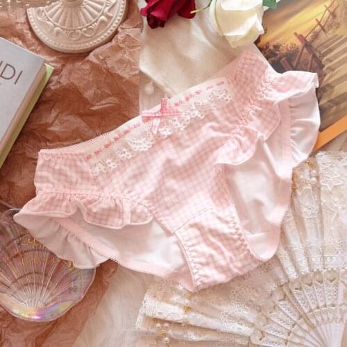 Japan Sweet Cute Womens Panties Briefs Ruffles Seamless Lingerie Femme Pink Plaid Loli Panty Kawaii Underwear Women Underpants