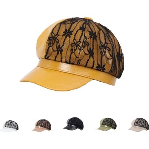 Women Fashion Octagonal Hats Ladies Casual Wild Cap Spring Autumn Retro Lace Beret Hat Solid Color PU Newsboy Cap Painter Caps