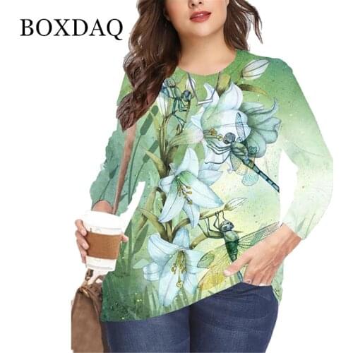 Dragonfly Printed Long Sleeve T Shirt O-Neck Loose Casual Clothes Autumn Harajuku Plus Size Women Lady Tops Pullover T-Shirts