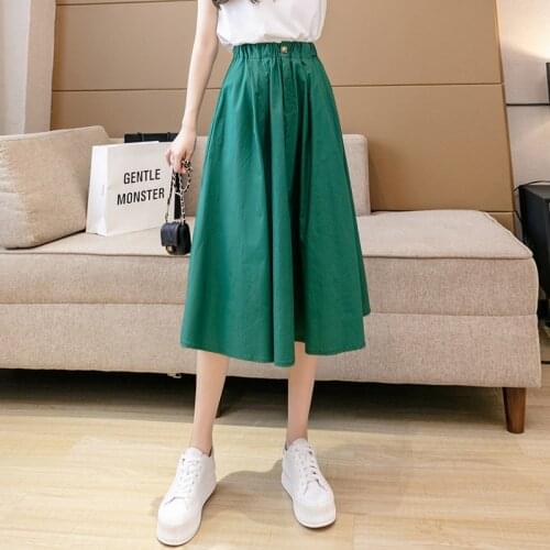 2021 Korean New Solid Summer Skirt Women Simple Long Cotton Skirt Women Elastic High Waist A-line Green Woman Skirt