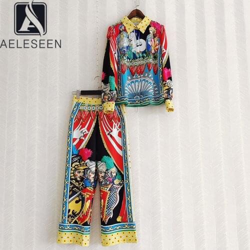 AELESEEN Vintage Women Sets Runway Fashion Spring Autumn Blouse+Full-Length Pants Sicilian Print 2 Pieces Sets Twinsets